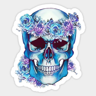 floral crown and skull, Human anatomy, bones, blue roses and chrysanthemums Sticker